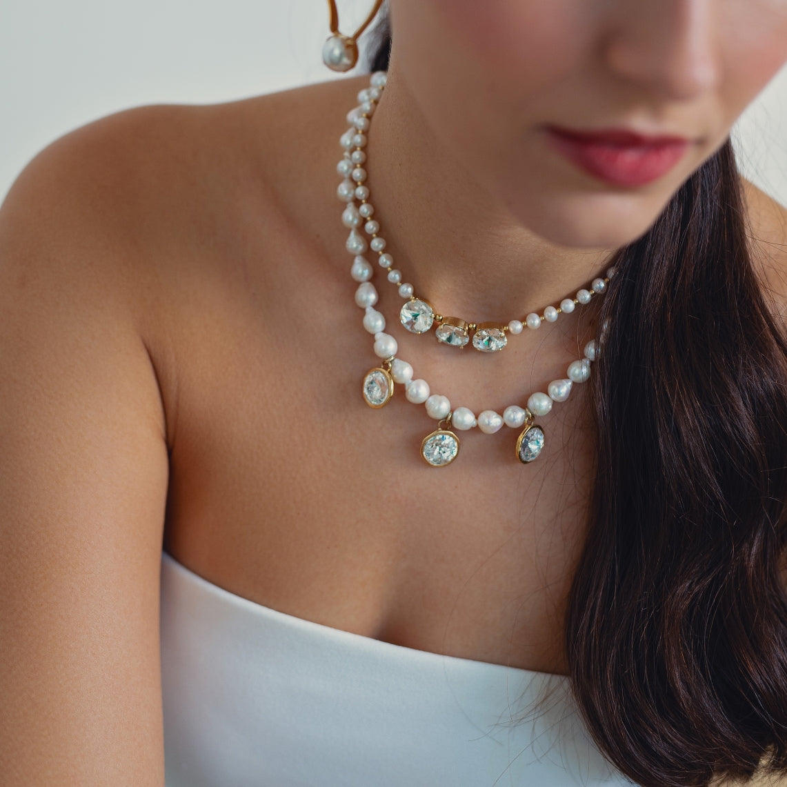 Celeste Necklace featuring round Rivoli crystals and white pearls
