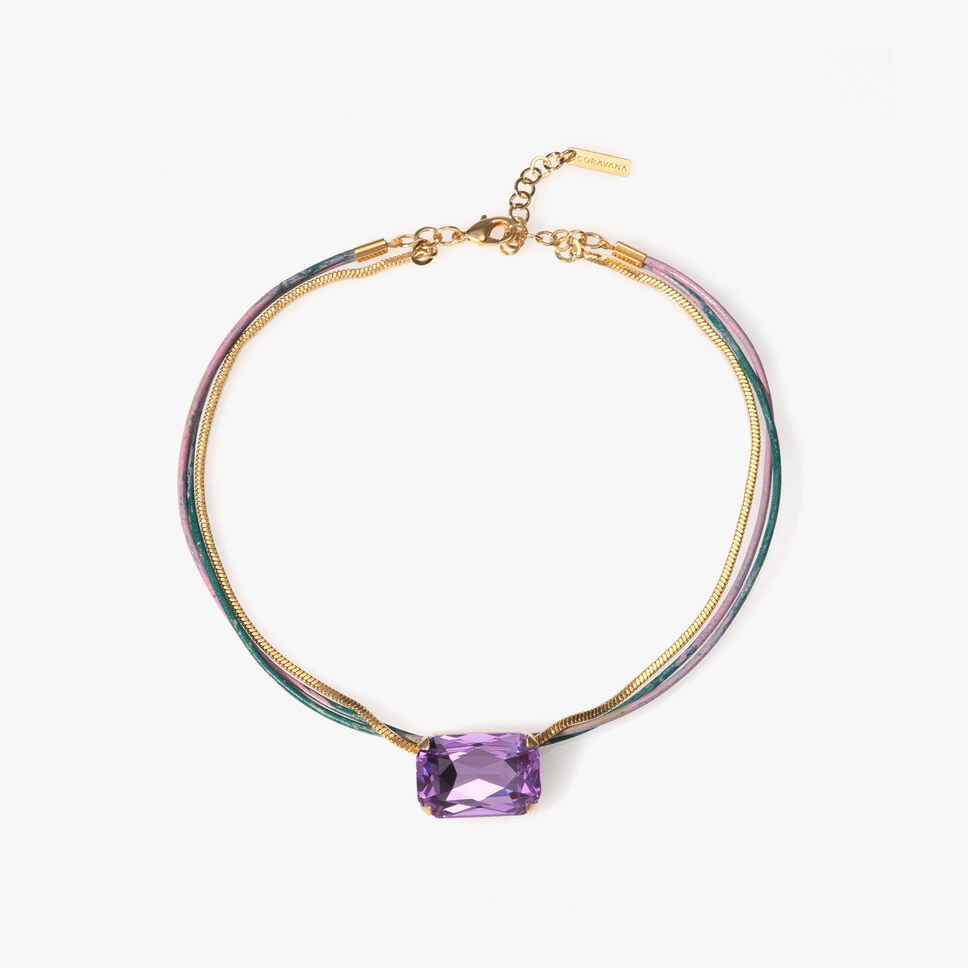 Leather & chain necklace with a violet purple gemstone crystal