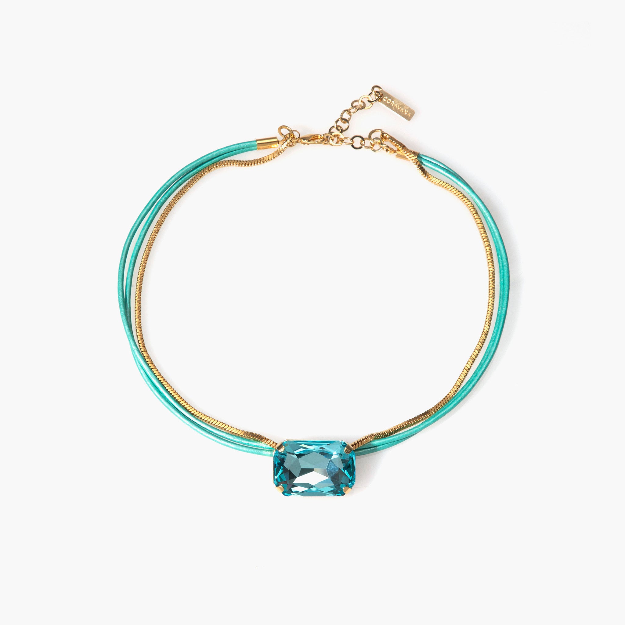 Leather & chain necklace with a turquoise gemstone crystal