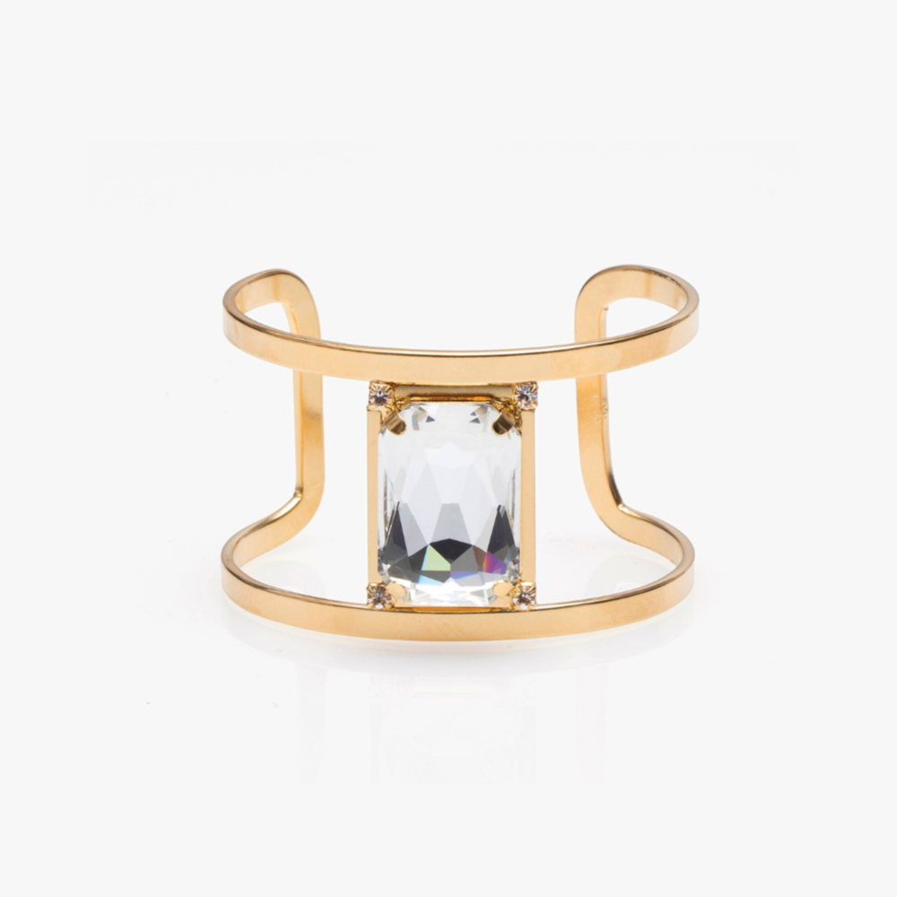 Gold CUFF BRACELET with a rectangular gemstone on a white background