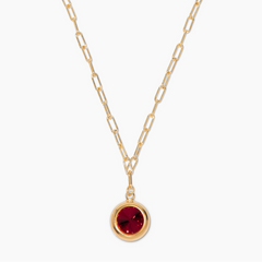 Gold necklace with a red gemstone pendant on a white background