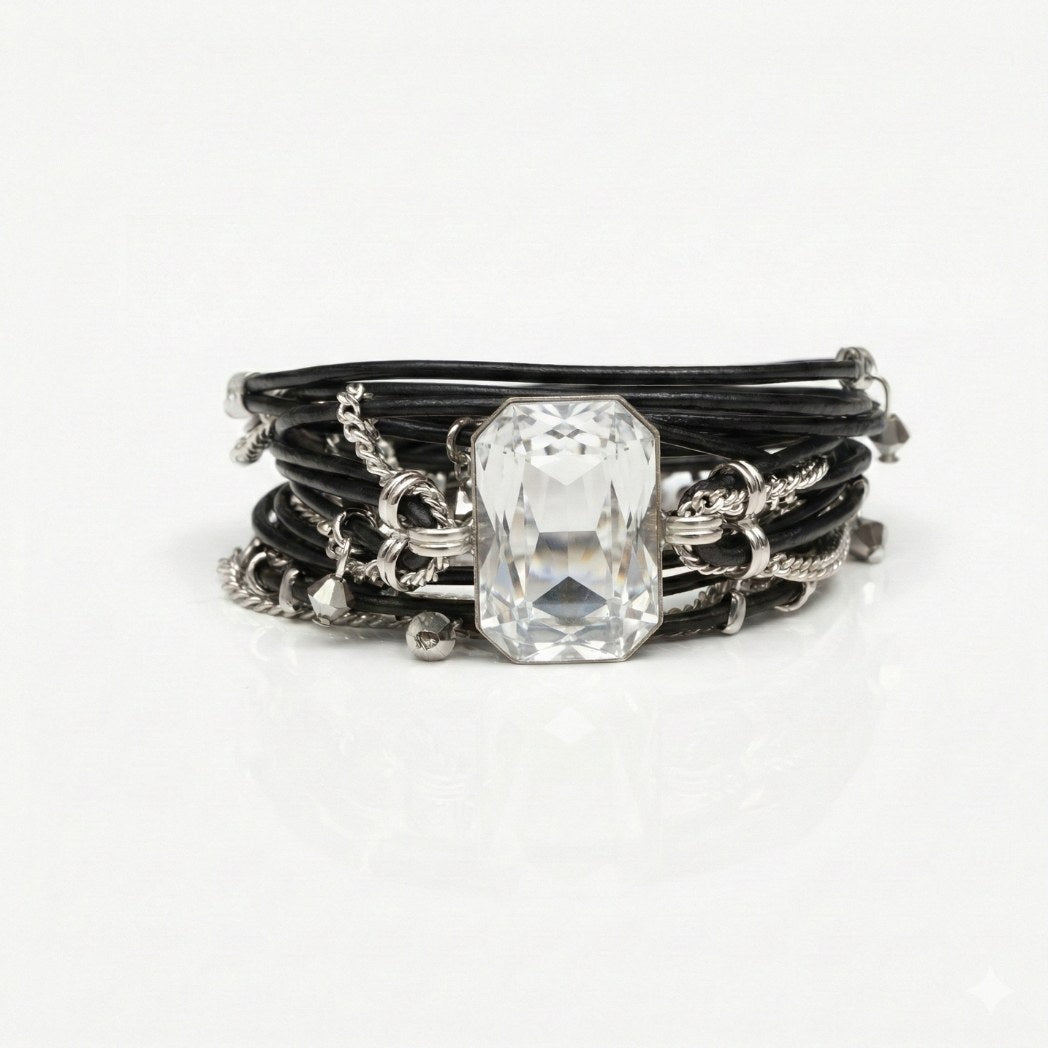 Stack of leather bracelets with a central crystal-like stone on a white background