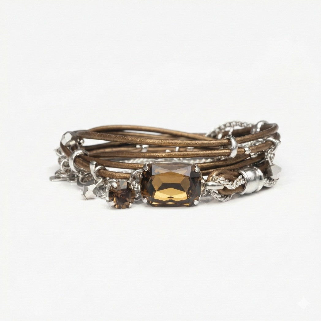 Multistrand bracelet with brown gemstones on a white background