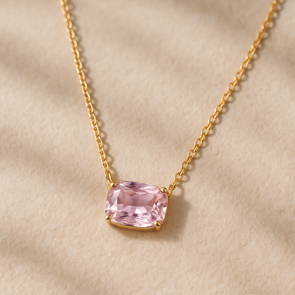 Gold necklace with a pink gemstone on a beige background
