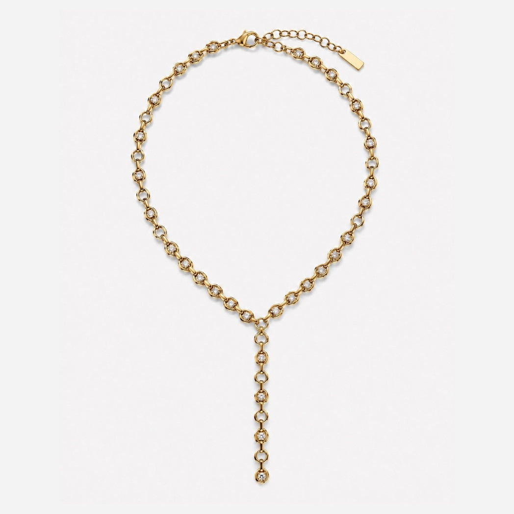 A gold Y-shaped chain necklace with a delicate drop pendant, displayed on a clean white background.