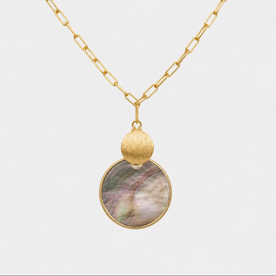 A gold chain necklace with a paperclip-style chain and a pendant featuring a textured gold bead and a round iridescent abalone shell disc, shown on a light gray background.
