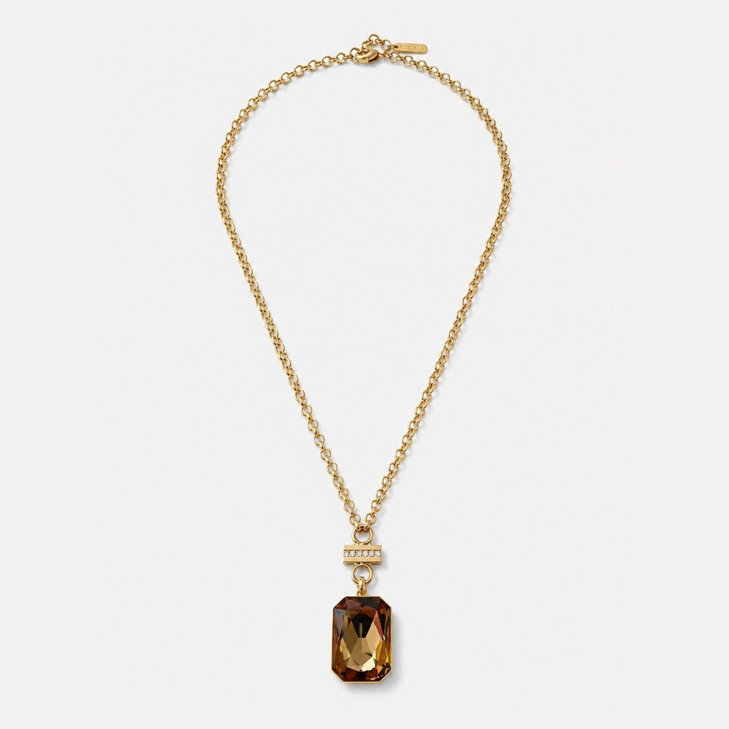 Gold necklace with a brown pendant on a white background
