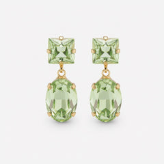 A pair of gold drop earrings featuring square-cut light green gemstones on the studs and larger oval-cut light green gemstones hanging below, set against a plain light gray background.