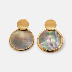 A pair of gold-tone drop earrings with textured circular studs and large, irregularly shaped iridescent mother-of-pearl disc charms, shown on a light gray background.