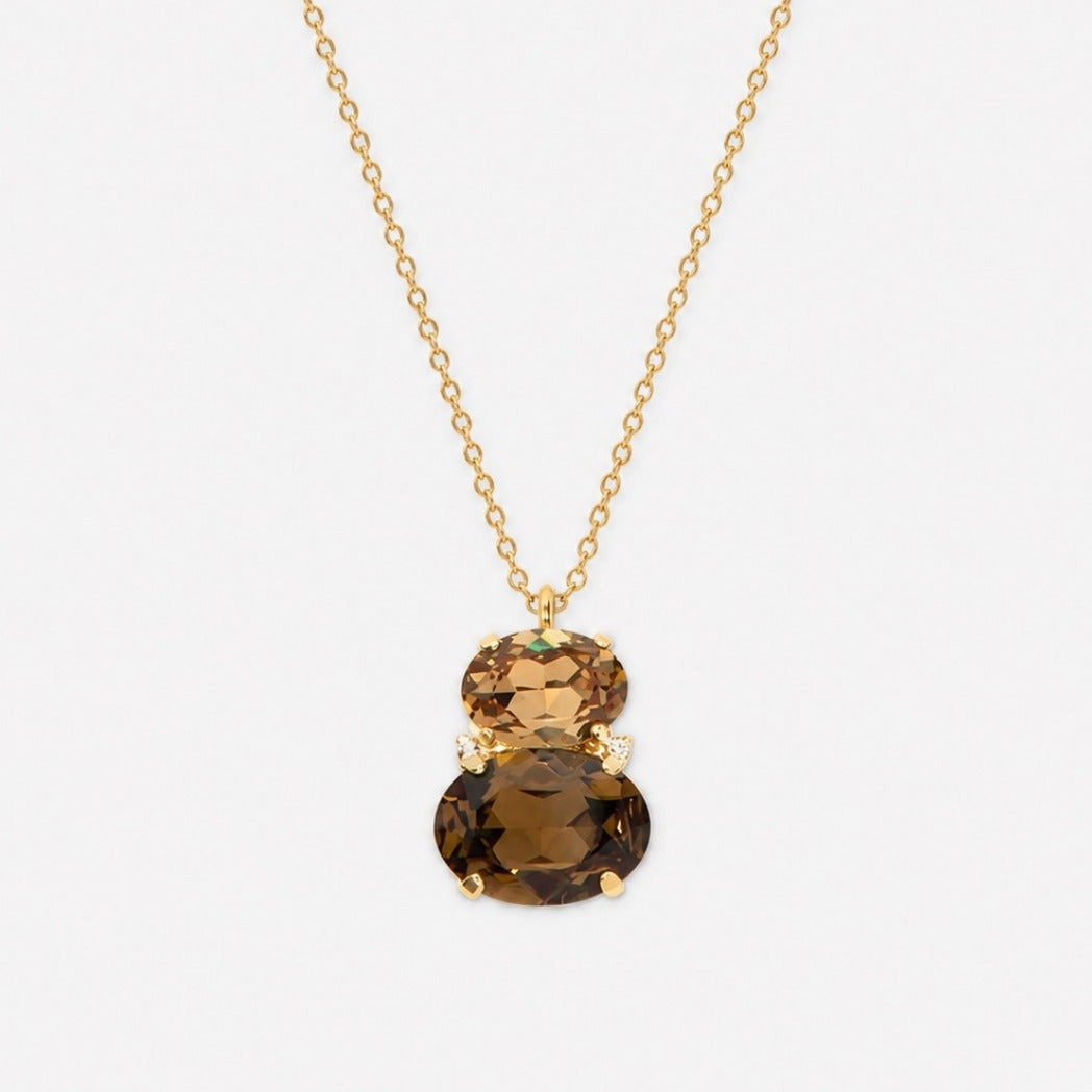 A gold chain necklace with a double-stone pendant featuring a large oval brown smoky gemstone and a smaller round faceted brown gemstone, set against a light gray background.