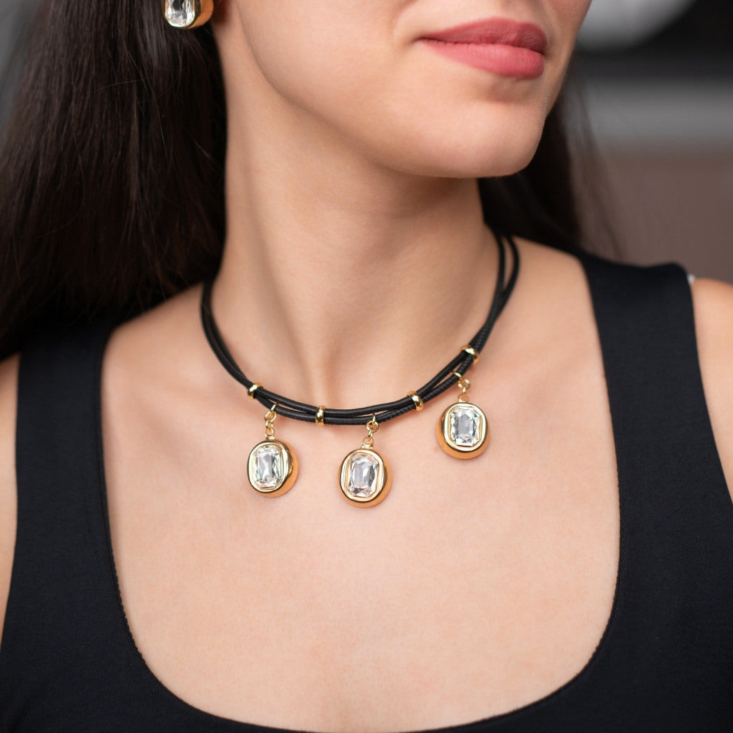 Necklace with pendant on a person wearing a black top