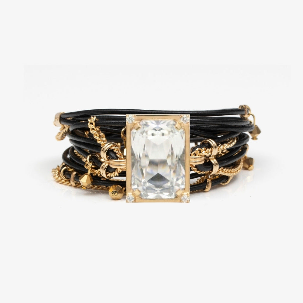 Stack of black and gold bracelets with a central gemstone on a white background