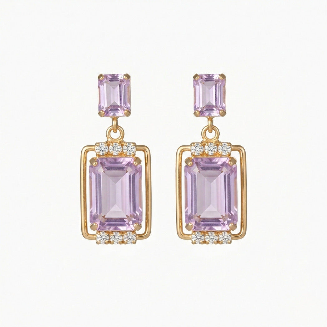 Spotlight Drop Earrings with purple gemstones and gold frames