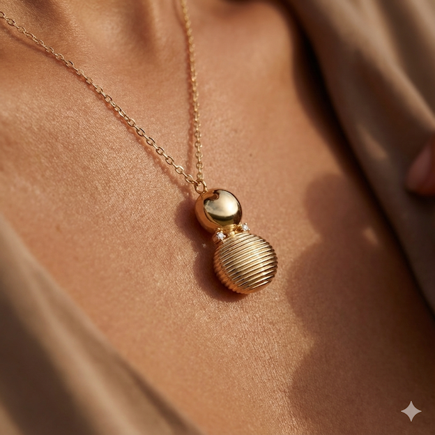 Gold necklace with a textured pendant on a person's neck