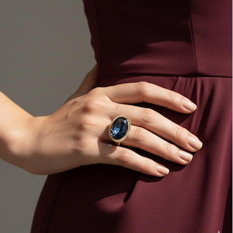 Hand wearing a ring with a blue gemstone against a maroon dress on a neutral background
