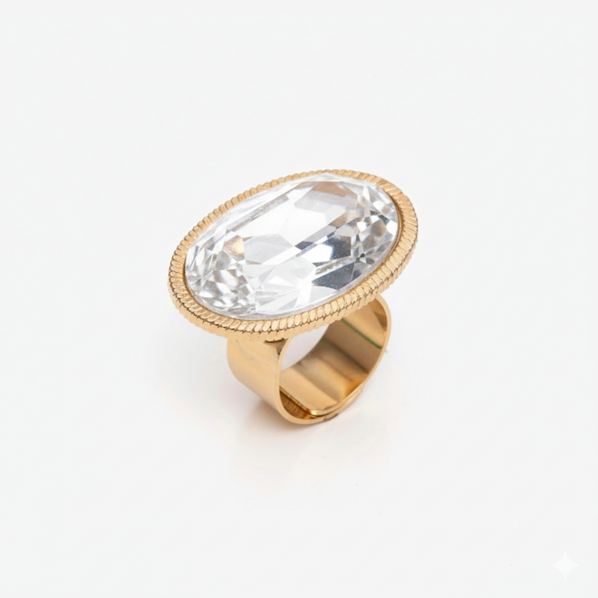 Gold ring with a large clear gemstone on a white background