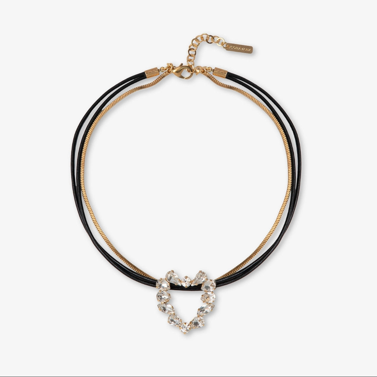 Necklace with heart-shaped clasp on a light gray background