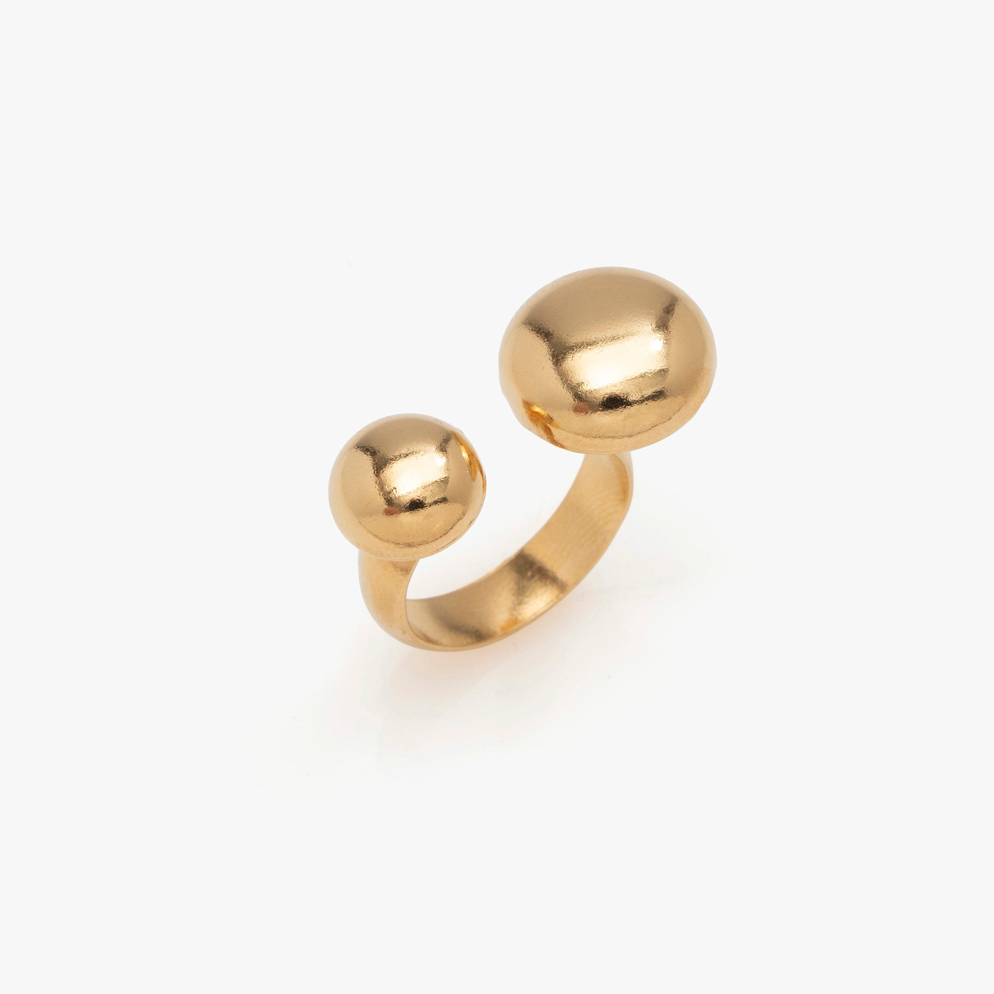Gold ring with two spherical ends on a white background