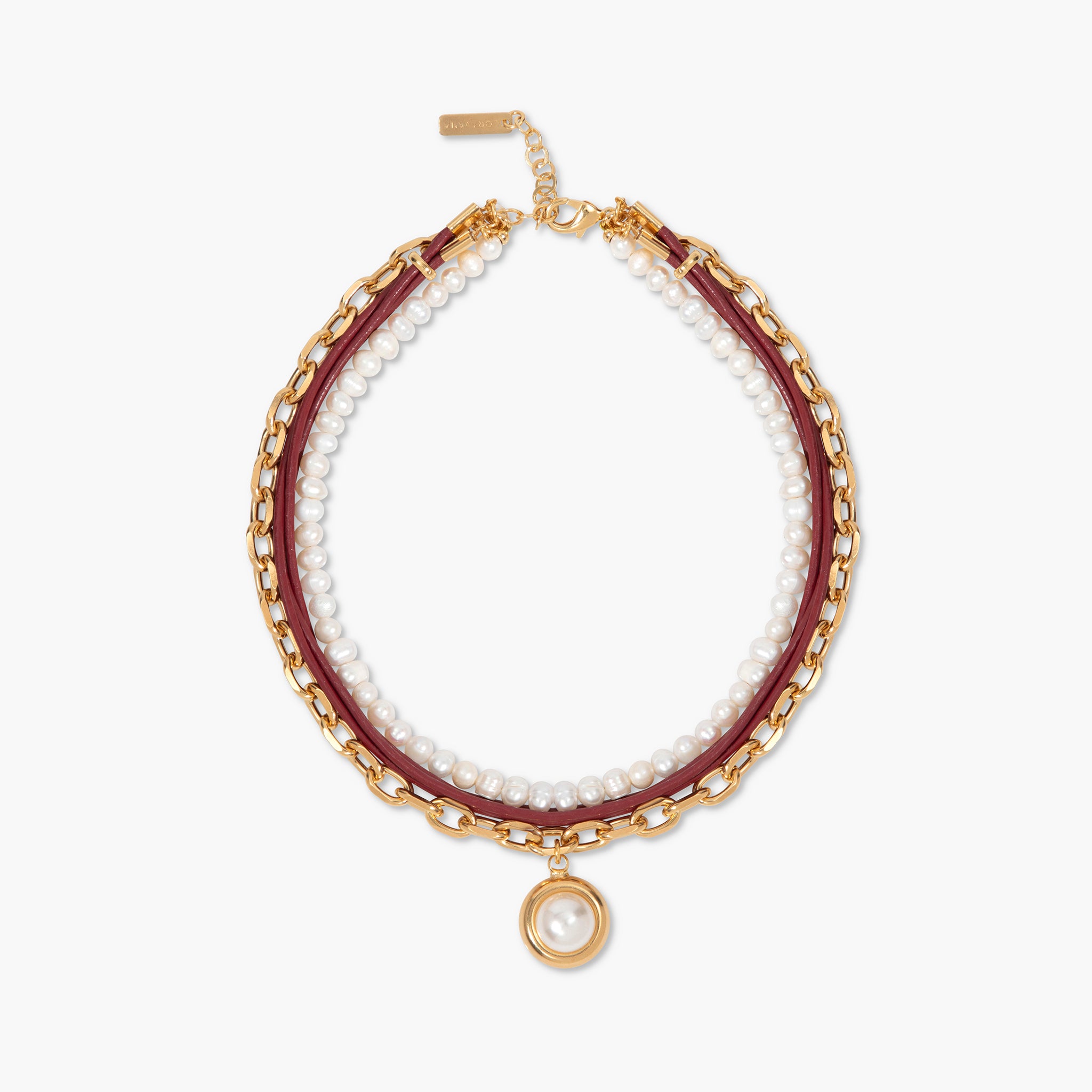 Necklace with pearls and gold chain on a white background